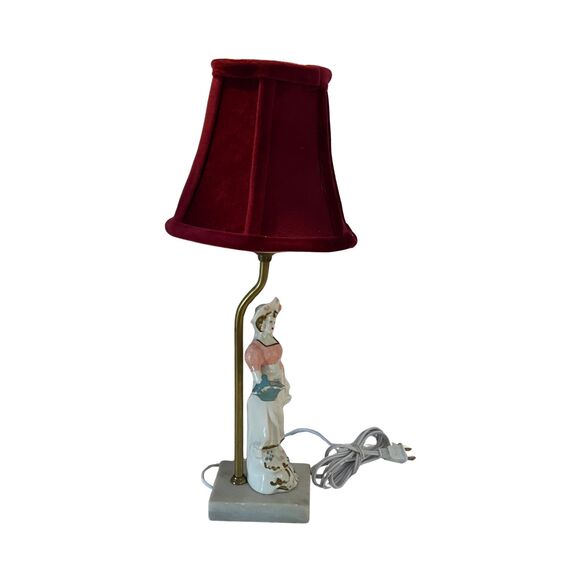 VTG Porcelain Figurine Table Lamp w/ Velvet Shade Brass Pole Marble Base 17.5” - Picture 5 of 11